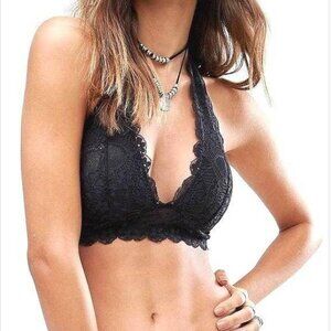 NWOT Free People Black Lace Halter Bralette SZ Large